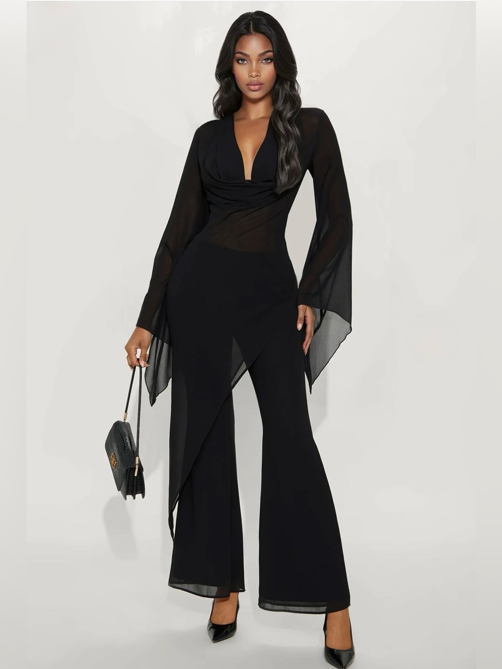 Sheer Sleeve Black Two Piece Set with Draped Top